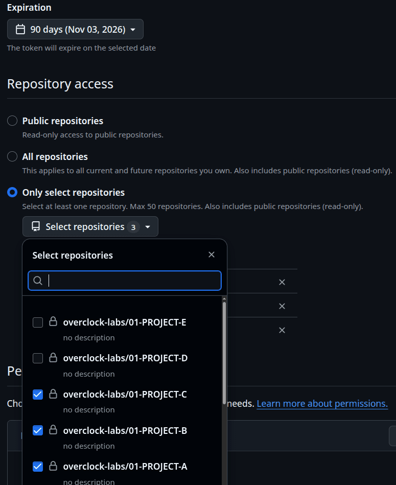 Selecting specific repositories in GitHub